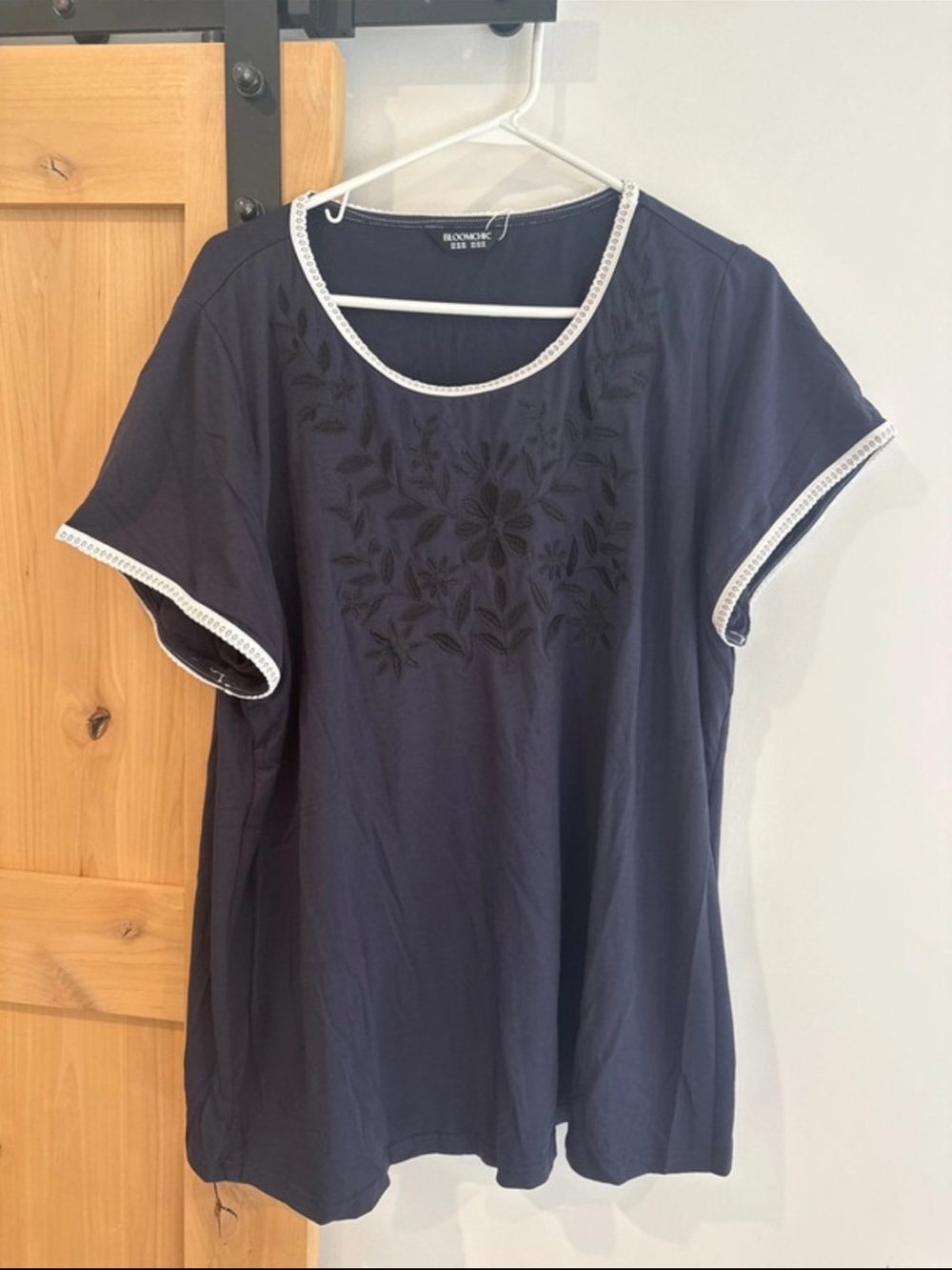 BloomChic Navy Short-Sleeve Scoop Neck Top with Black Floral Embroidery